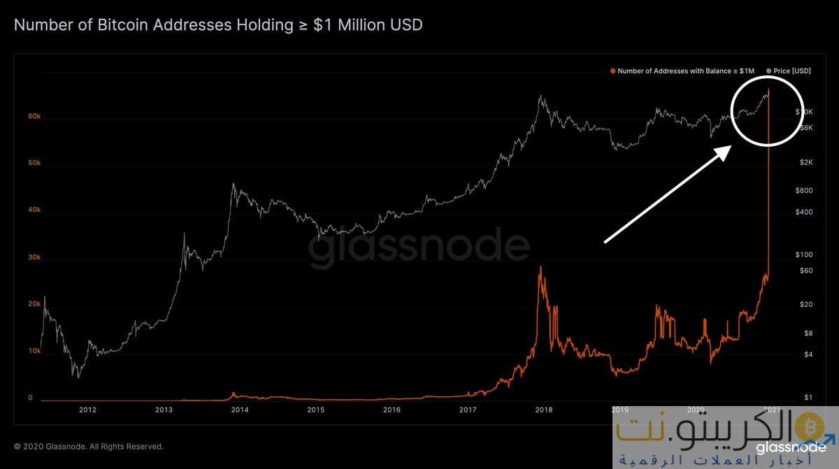 عناوين Bitcoin التي تمتلك مليون دولار يذهب `` Parabolic '' ، و 10 ٪ من عرض BTC يظل خاملاً لمدة 10 سنوات